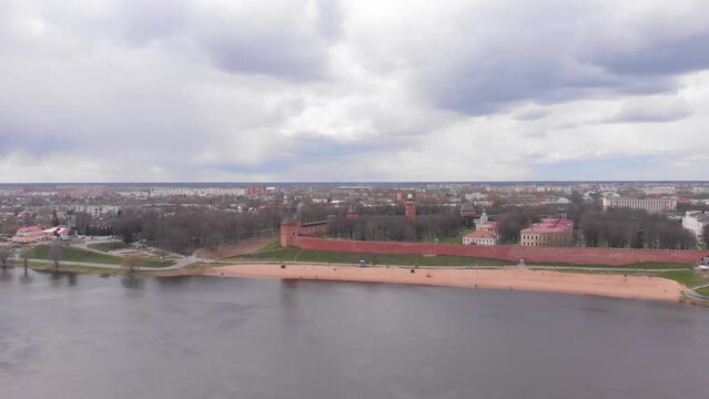 Aerial photography from a quadrocopter, shooting from a drone, Novgorod detinets (also Novgorod Kremlin) fortress of Veliky Novgorod. Detinets is located on the left bank of the Volkhov River	