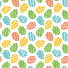 Seamless pattern of red, green, yellow and blue Easter eggs on white background. Painted eggs with stripes, waves, zigzags. Spring holiday background. Vector Illustration