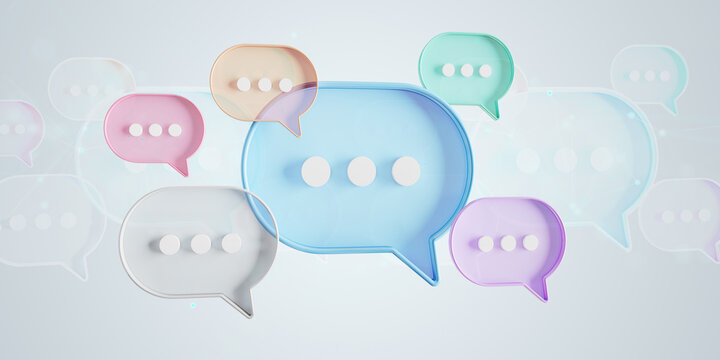Minimalist blue red orange green purple speech bubbles talk icons floating over grey background. Modern conversation or social media messages with shadow. 3D rendering