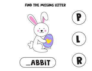 Find missing letter with cute Easter rabbit. Spelling worksheet.