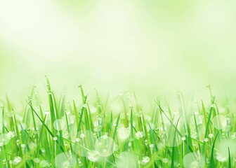 光に反射する美しい露の玉の付いた春の若草と植物のぼやけた緑の爽やかシンプルイラスト素材