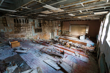 Destroyed interior of a cinema hall in the Prometheus cinema in Ukraine