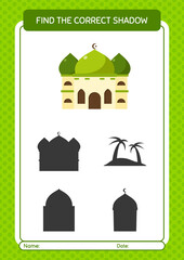 Find the correct shadows game with mosque. worksheet for preschool kids, kids activity sheet