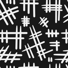 Seamless abstract pattern on black background. Vector doodle image. Graphic linear wallpaper.