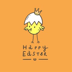 Vector easter card with cute cartoon chicken. Doodle line art character. Funny holiday colorful print.
