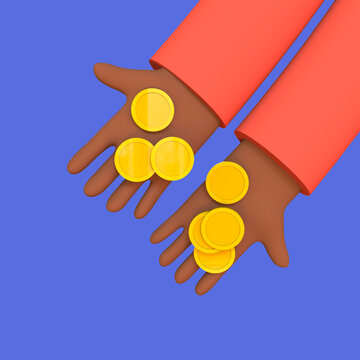 Gold coins in African hands. Giving loan, saving financial assets or exchanging. Charity, financial help and philanthropy concept. Trendy 3d illustration.