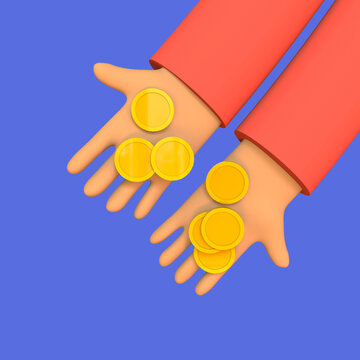 Gold coins in hands. Giving loan, saving financial assets or exchanging. Charity, financial help and philanthropy concept. Trendy 3d illustration.