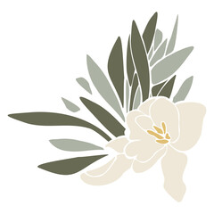 Tender vector flat illustration with a bouquet of flowers. Spring bouquet with eucalyptus. Bouquet for women on International Women's Day, Wedding and Mother's Day. Flower arrangement for decoration.