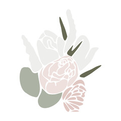 Tender vector flat illustration with a bouquet of flowers. Spring bouquet with eucalyptus. Bouquet for women on International Women's Day, Wedding and Mother's Day. Flower arrangement for decoration.
