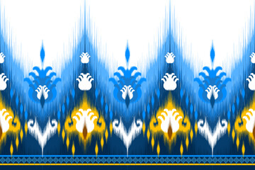 Abstract ikat ethnic seamless pattern design. Aztec fabric carpet mandala ornament chevron textile decoration wallpaper. Tribal turkey African Indian traditional embroidery vector background 