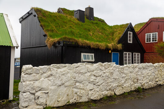 Typical turf-top houses in Thorshavn on the Streymoy Island. Faroe Islands.