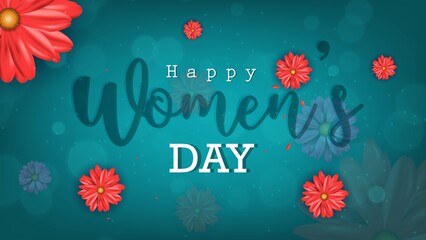 Happy Women's Day 8 March. Colorful Flower design banner, poster Vector illustration. backdrop blue color.