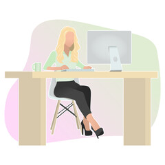 The manager girl in a green shirt is sitting at the computer. Gradient background.