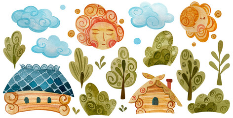 A set of watercolor illustrations of a house and trees in a folk style.