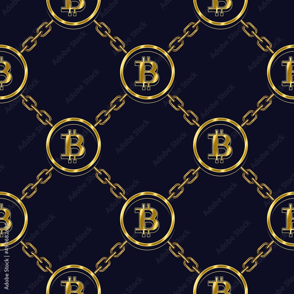 Aufkleber seamless background with gold bitcoin symbols and diagonal grid with chain on dark blue background. 
