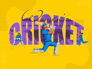 Stylish Women's Cricket Font With Female Cricketer Players In Different Poses On Chrome Yellow Background.