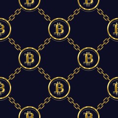 Seamless background with gold bitcoin symbols and diagonal grid with chain on dark blue background. Chess order of elements. Cryptocurrency, digital money pattern. Vector illustration.