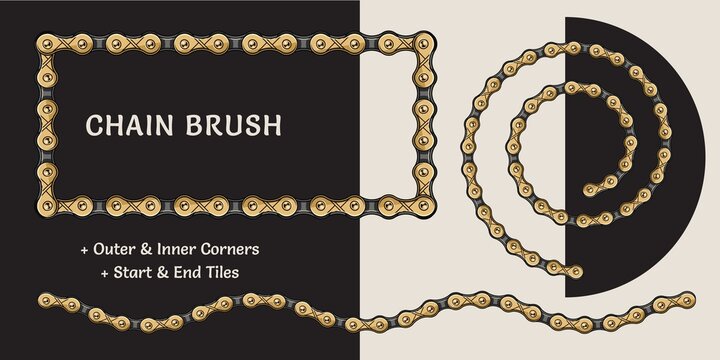 Bike chain pattern brush with corners, end and start tiles. Gold color. For vintage design of logo, emblem, symbol, sign, badge, label, stamp. Isolated on white and black background