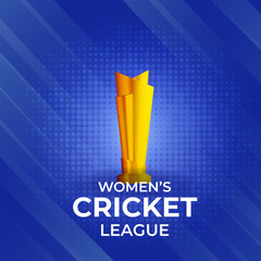 Women's Cricket League Font With Realistic Golden Trophy Cup On Blue Halftone Effect Background.