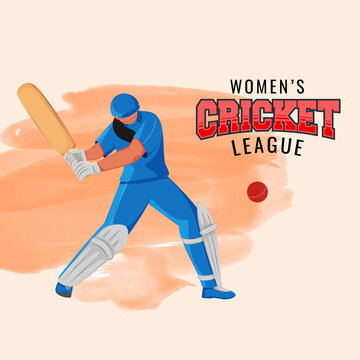 Women's Cricket League Concept With Female Batter Player Hitting The Ball On Orange Background.
