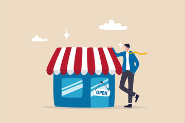 Business owner and entrepreneur start small business or retail shop, open store front or online shop concept, confidence businessman entrepreneur standing with his new opening company or store front.