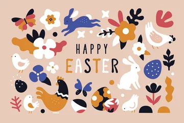Foto op Aluminium Happy Easter greeting card. Vector cartoon illustration in a modern flat style of rabbits, flowers, chicks, and Easter eggs creating trendy pattern © nadzeya26