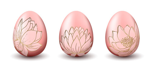 Pink Easter Eggs Set. Vector realistic eggs set to beautiful golden outline flowers. Design elements for holiday cards, posters, invitations, etc. 