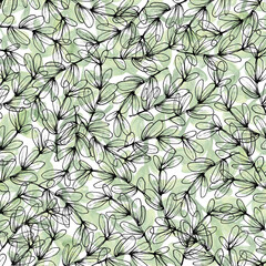 Branches with leaves on the background. Watercolor and linear style.