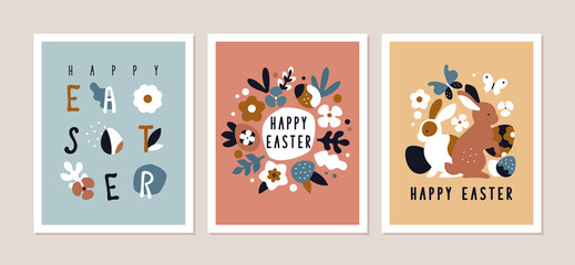 Modern Easter Cards collection. Vector  illustration of three abstract Easter cards in contemporary flat style and boho colours with Easter eggs, bunnies and flowers.
