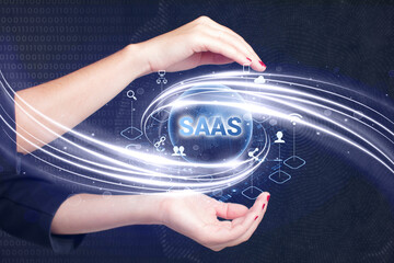 Business, Technology, Internet and network concept. Young businessman working on a virtual screen of the future and sees the inscription: SAAS