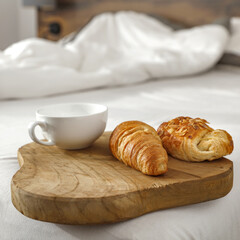 Bedroom interior and breakfast on bed 