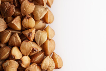 Raw buckwheat close up shot, copy space.