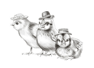 Funny chickens in hats. Easter illustration drawn in pencil