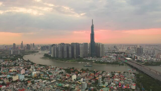 Aerial view of Landmark 81 and Ho Chi Minh City downtown in sunset