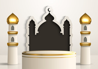 Realistic Islamic product display podium with mosque frame and golden minarets in white background. 3D Islamic illustration for advertising, sales, and online shopping. Bright pedestal design