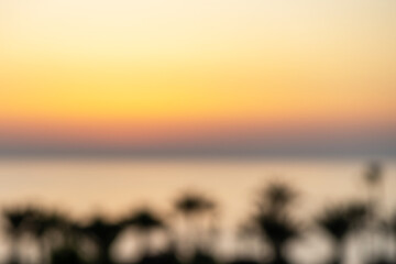 Blur background of silhouette of palm trees of sea beach against the backdrop of  setting sun on sunset sky. Top view. Panoramic view