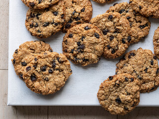 Oatmeal raisin cookies shot from overhead.