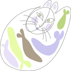 Illustration of a single line with the image of a cat and colorful fish.  Vector illustration