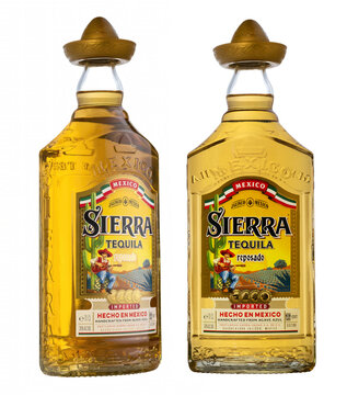 Bottle of Tequila Mexican Sierra Gold isolated on white background.