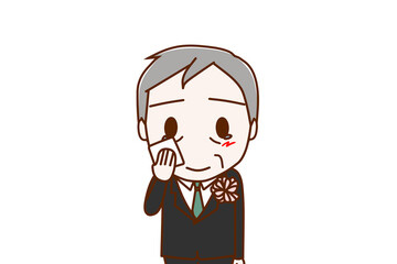 （上半身正面）フォーマルな服装で感動で涙をホロリと流しハンカチで拭く高齢の男性