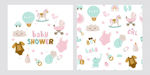 Hand drawn baby shower cards. Vector illustration