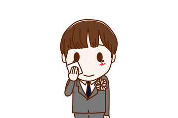 （上半身正面）フォーマルな服装で感動で涙をホロリと流しハンカチで拭く男子学生