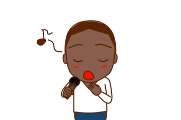 （上半身正面）マイクを持って目を閉じ、気持ちよく歌うアフリカ系男性