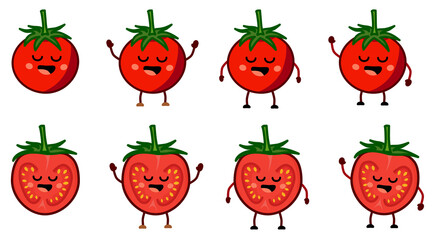 Cute kawaii style red tomato icon, whole and halved. Version with hands raised, down and waving