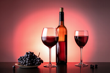 Red wine in glasses with grape in plate on dark wooden table.
