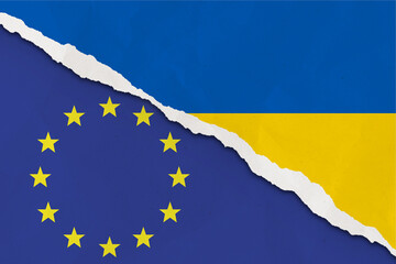 Ukraine and European Union flag ripped paper grunge background. Abstract Ukraine Russia politics conflicts, war concept texture background