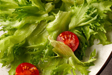 Frillis salad with tomatoes on plate. Green salad leaves with