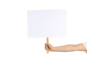 Hand holds protest sign, isolated on white background
