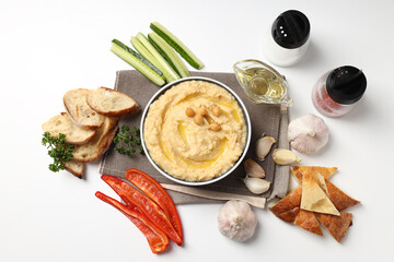 Concept of tasty food with hummus, top view