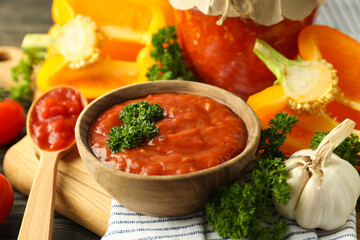 Concept of tasty food with adjika, close up